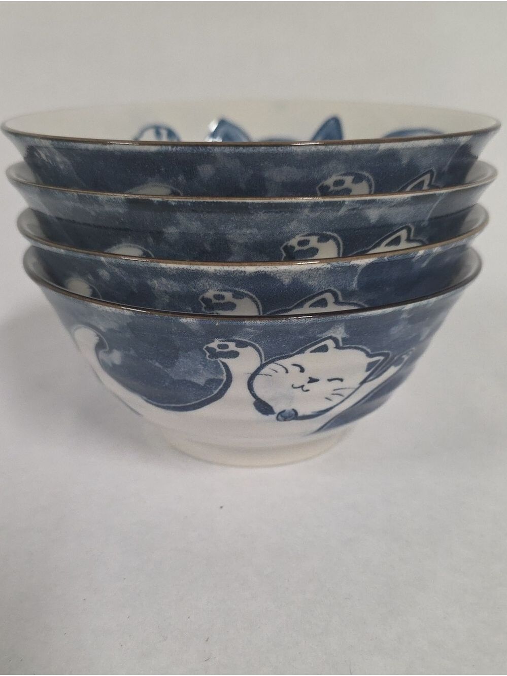 NWT Set Of (4) Kyoto Hospitality Blue & White Lucky Cat Rice Porcelain Bowls